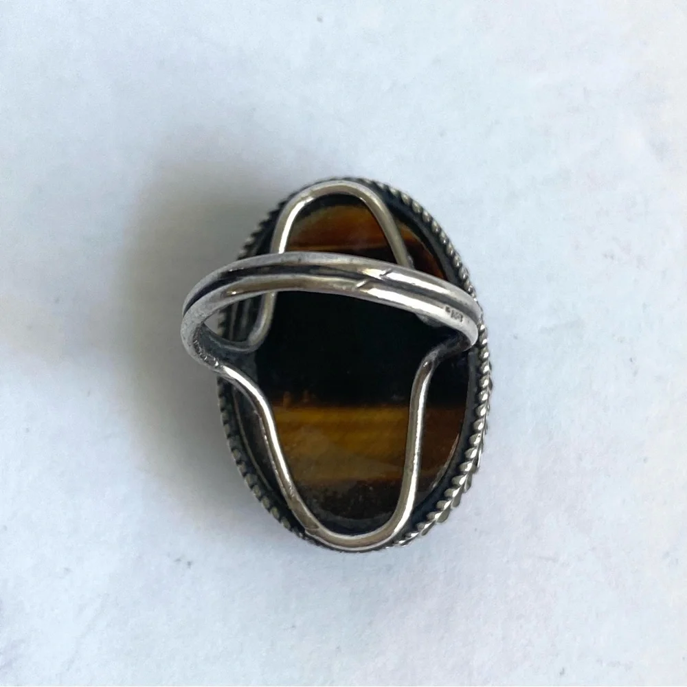 Vintage Tigers Eye Sterling Silver Ring Cocktail Oval‎ Cabachon Stone Size 6 - Picture 10 of 13